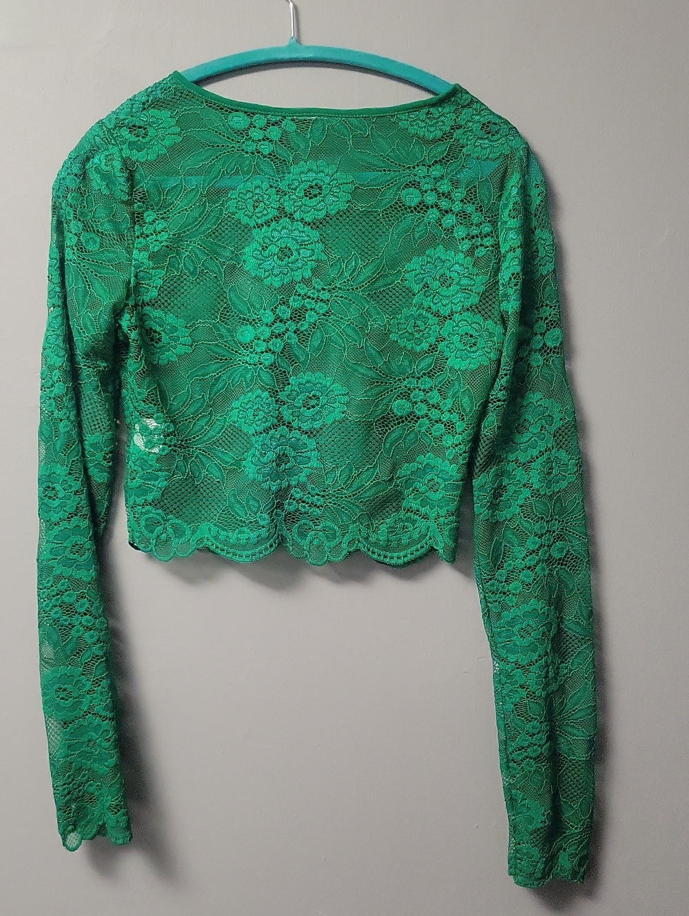 Green Lace Long-Sleeve Crop Top